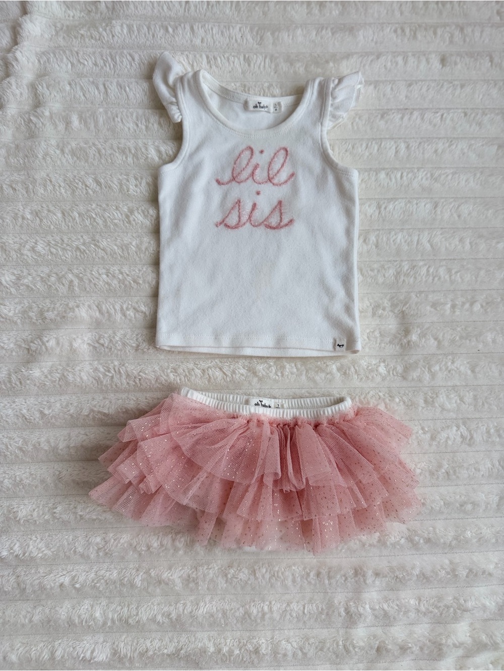 lil sis Pink Tulle Skirt & White Tank Matching Set